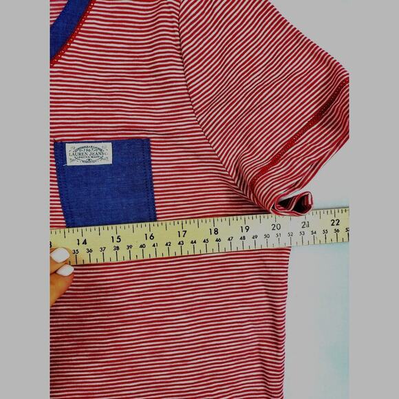 LRL Lauren Jeans Co Short Sleeve Top Nautical Red Cotton Striped Large #696 - Picture 8 of 14